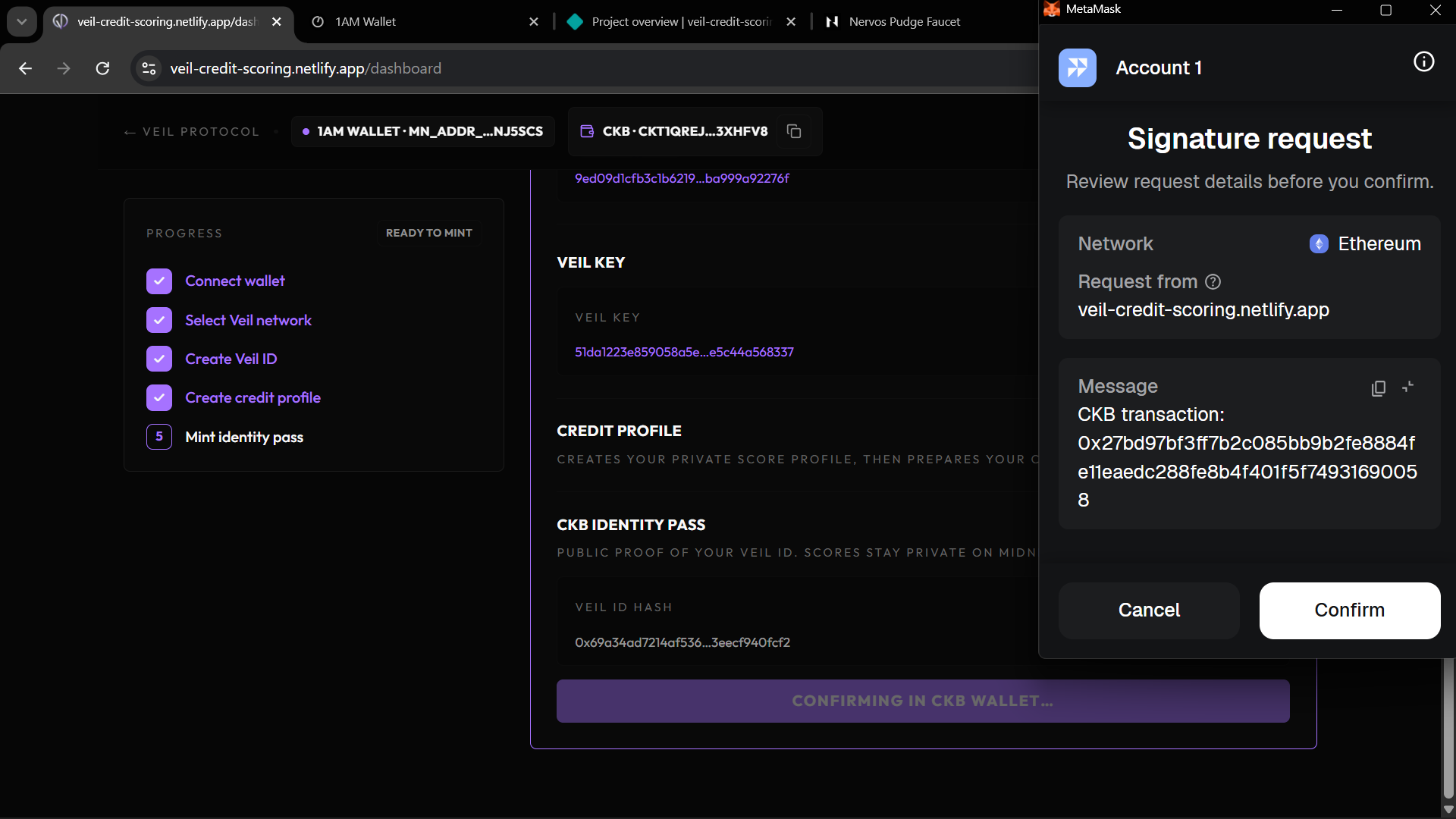 MetaMask signature request for CKB identity pass mint transaction